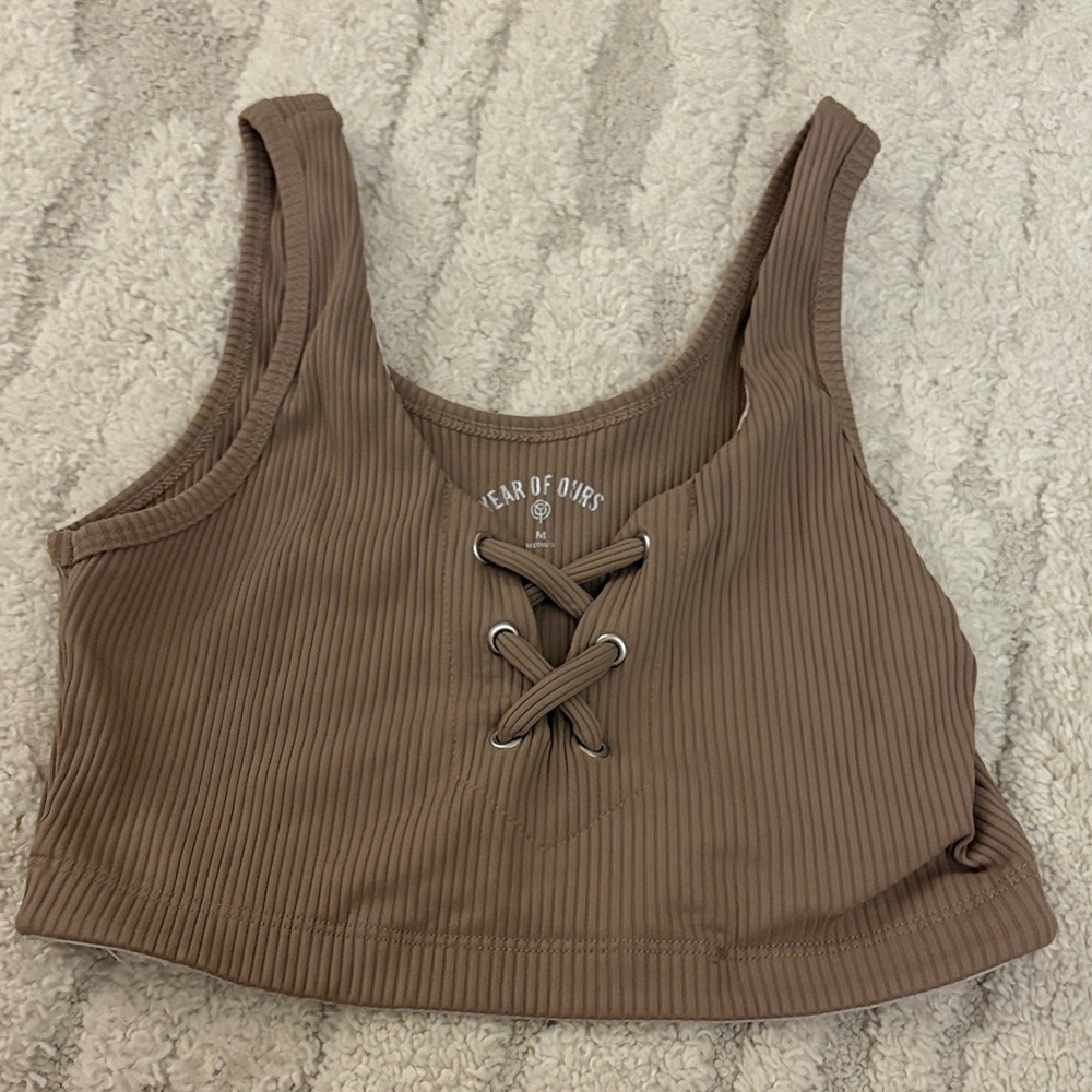 Year of Ours Brown Ribbed Lace-Up Crop Top